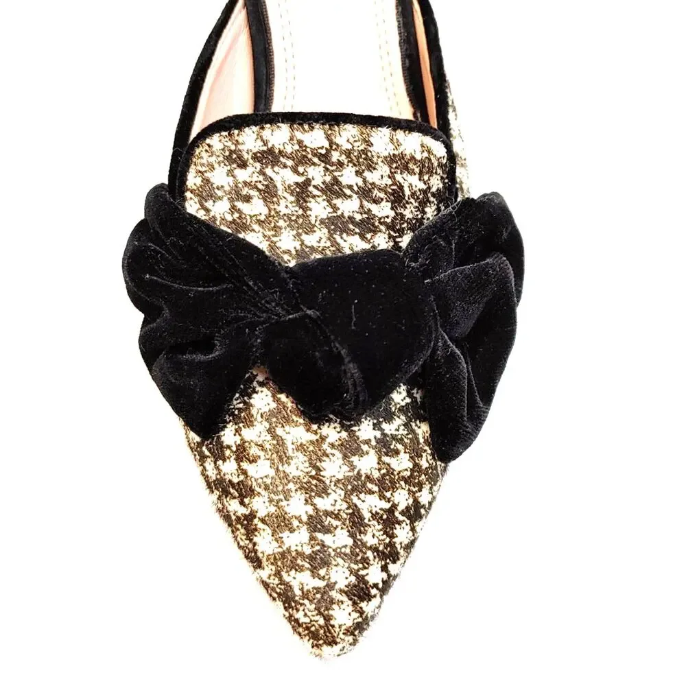 AD & Daughters Velvet Bow Calfskin Houndstooth Kitten Heel Mules Black White US7